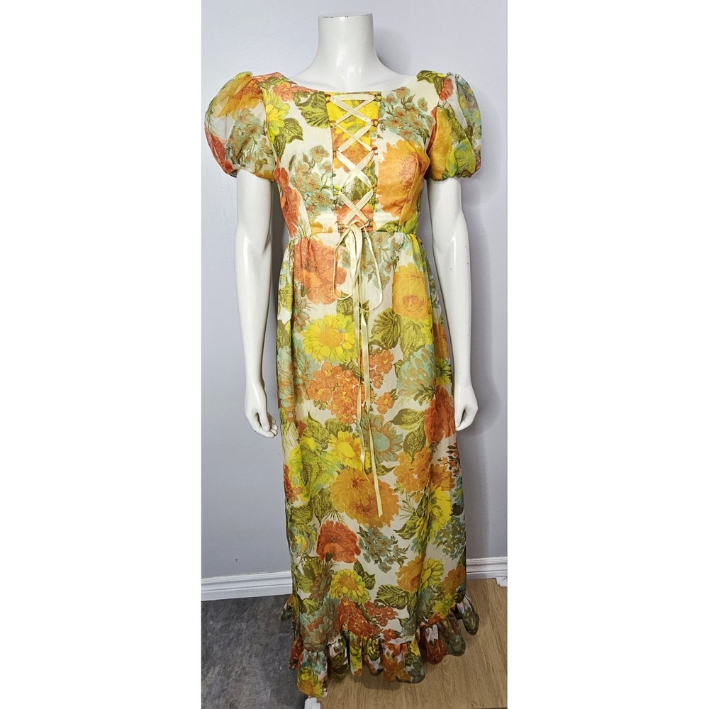 Vintage 1960s Floral Maxi Dress With Corset Bodice And Ruffle Hem